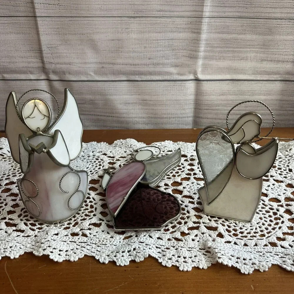 Stained Glass Angels Lot Of 3 Angel Candle Holder Trumpet Caroling Christmas